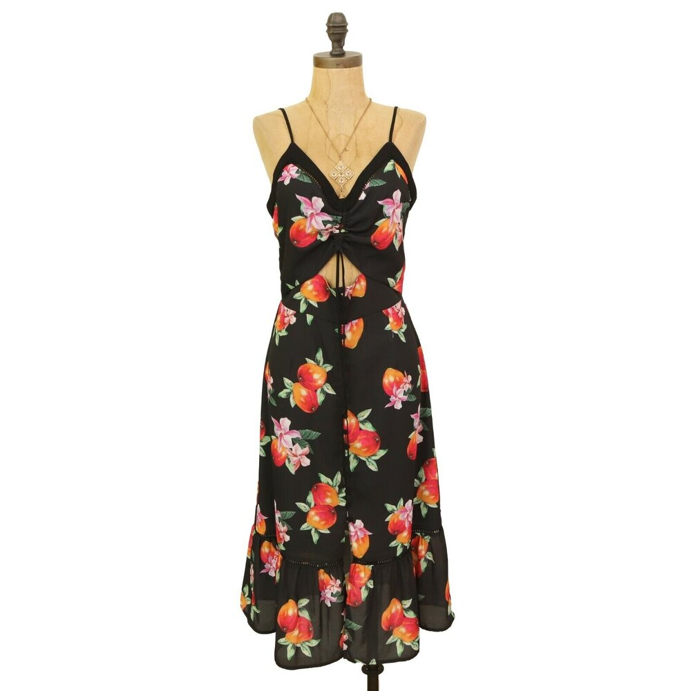ASOS Ruffle Midi Dress Size 4 Cutout Sleeveless Fruit Floral Black Multi EUC B25